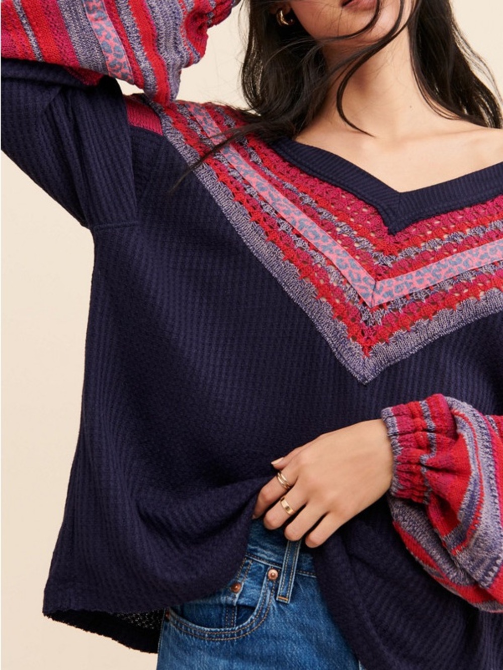 Free People Copenhagen V-neck Navy Blue Thermal Long Sleeve size XS